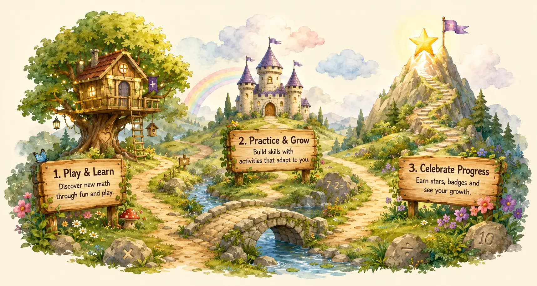 Three storybook math paths leading to play, practice, and progress